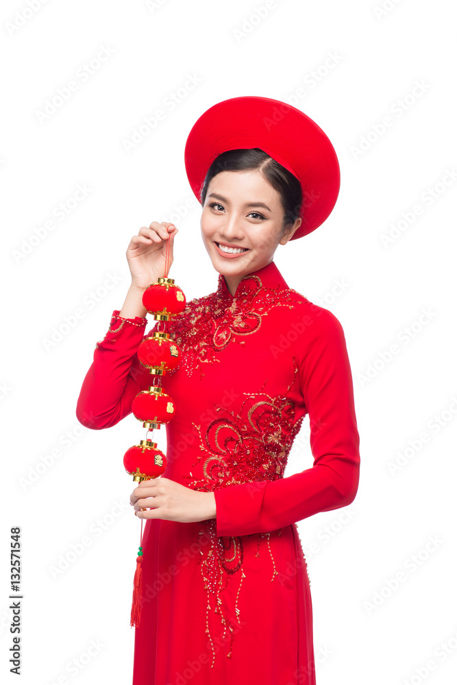 Portrait of a beautiful Asian woman on traditional festival costume.