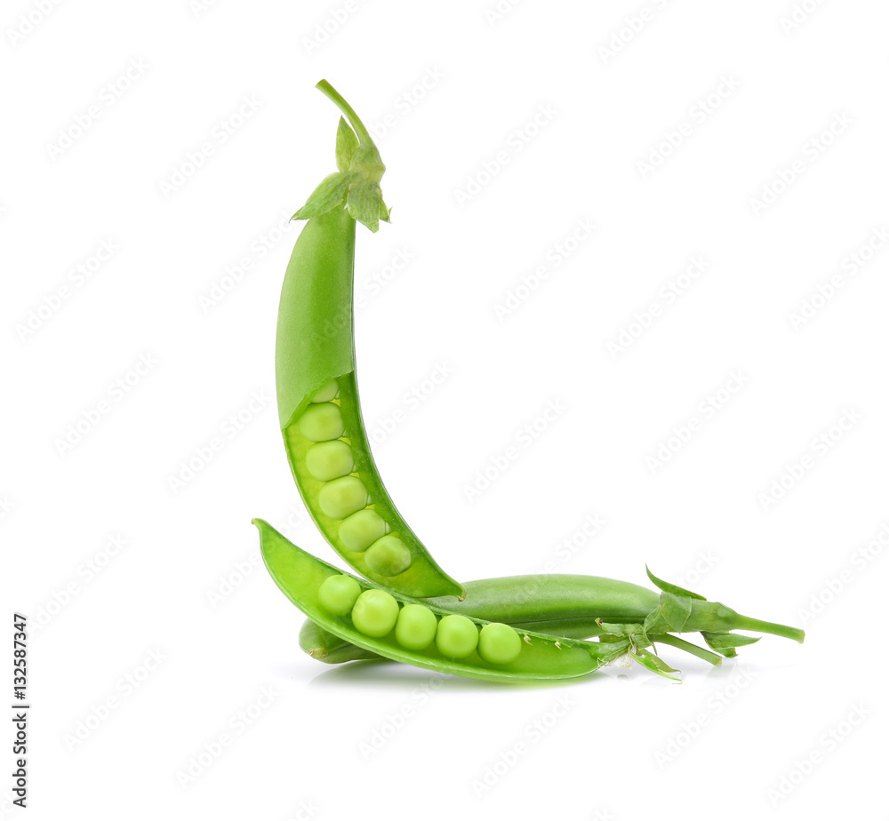 Fresh green pea pod on white background