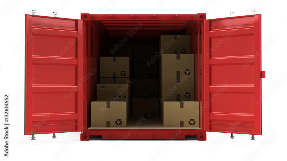 Open red cargo freight shipping container with cardboard boxes isolated on white. 3d illustration