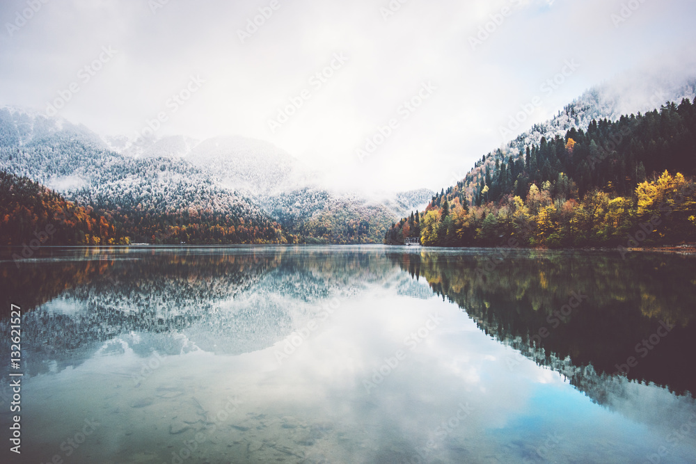 Lake and autumn Forest Landscape Travel foggy serene scenic view wild nature