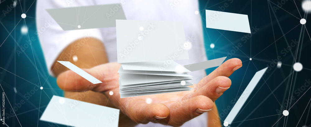 Businessman holding floating business card 3D rendering