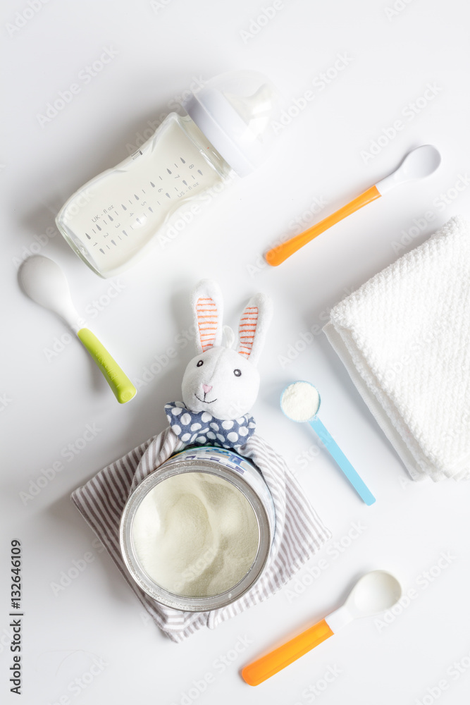 preparation of mixture baby feeding on white background top view