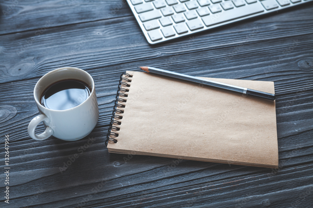 concept of writer desktop wooden background top view mock up