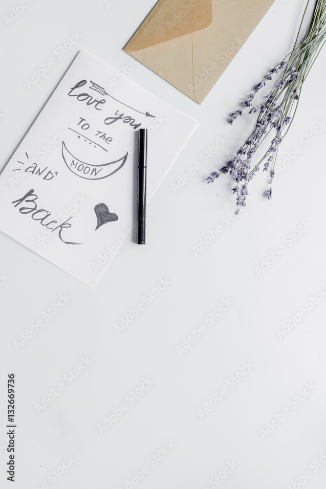 concept Valentine Day love letter on white background top view