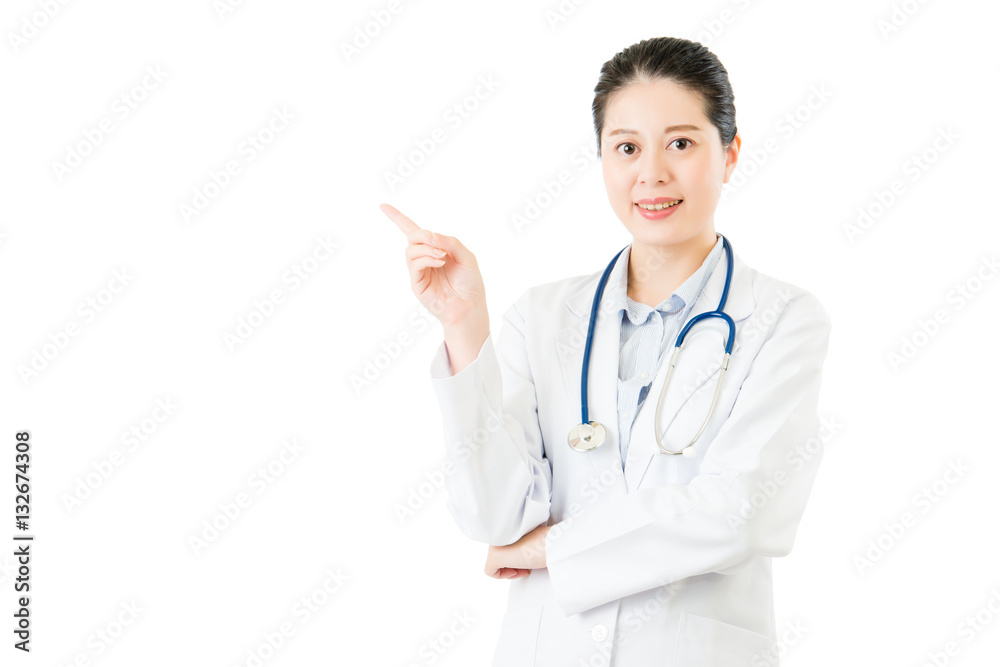 Happy female doctor point gesture blank area or copyspace