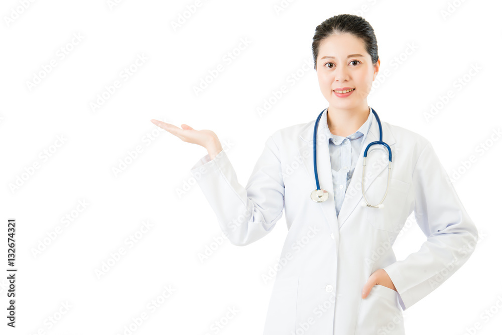 asian woman doctor with stethoscope hand display something