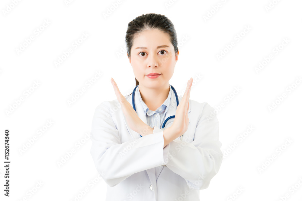 asian woman doctor with stethoscope show refuse stop gesture