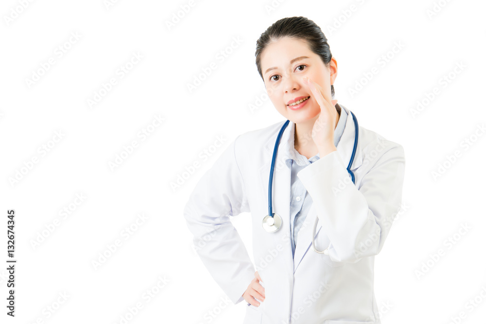 asian woman doctor with stethoscope hand tell shouting gesture