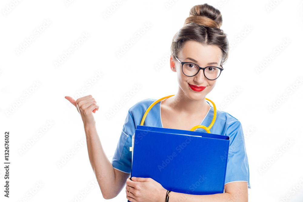 Portrait of a young female doctor in uniform with stethoscope and documents isolated on the white ba