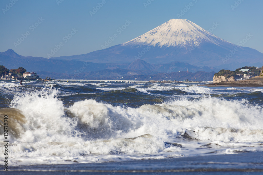 Mountain Fuji and sea in autumn season at Sagami bay , Kanagawa prefecture , Japan