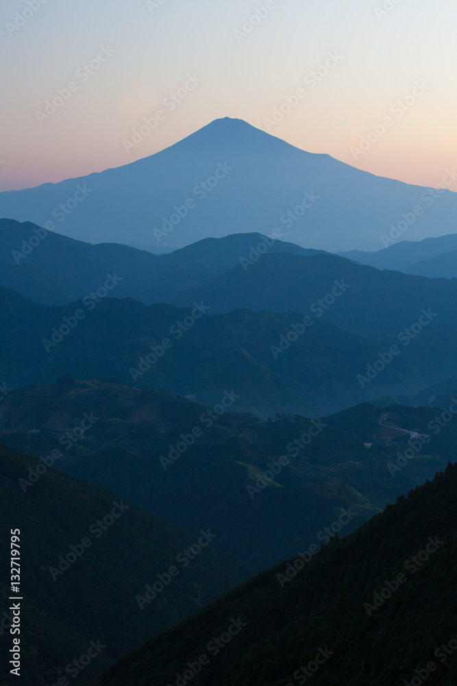 Mt.Fuji in summer sunrise seen from Mt. Takayama , Yoshiwara , Shizuoka prefecture.