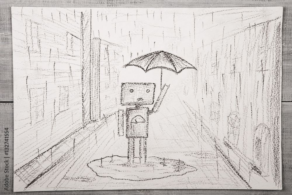 Insurance concept - robot holding umbrella under the rain