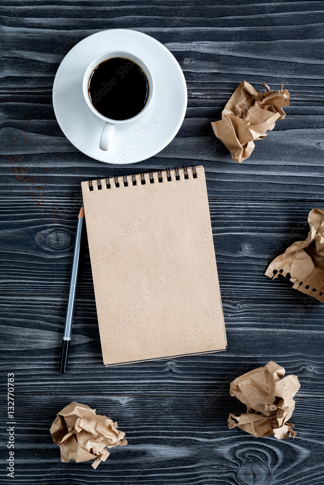 concept of writer desktop wooden background top view mock up