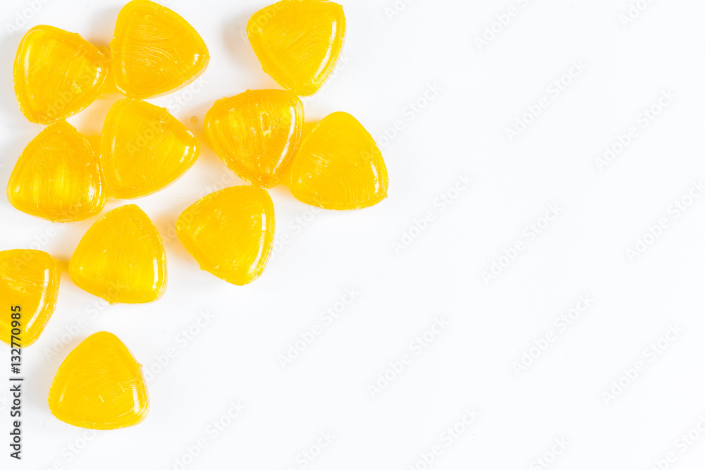 sweets and sugar candies on white background top view