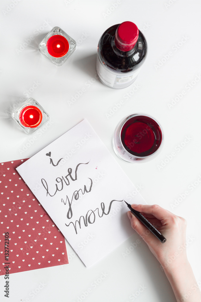 concept of Valentine Day love letter white background top view