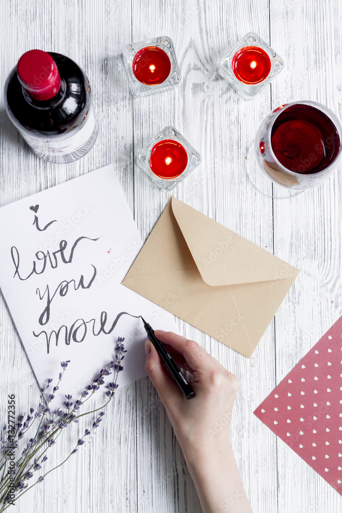 concept Valentines Day love letter wooden background top view