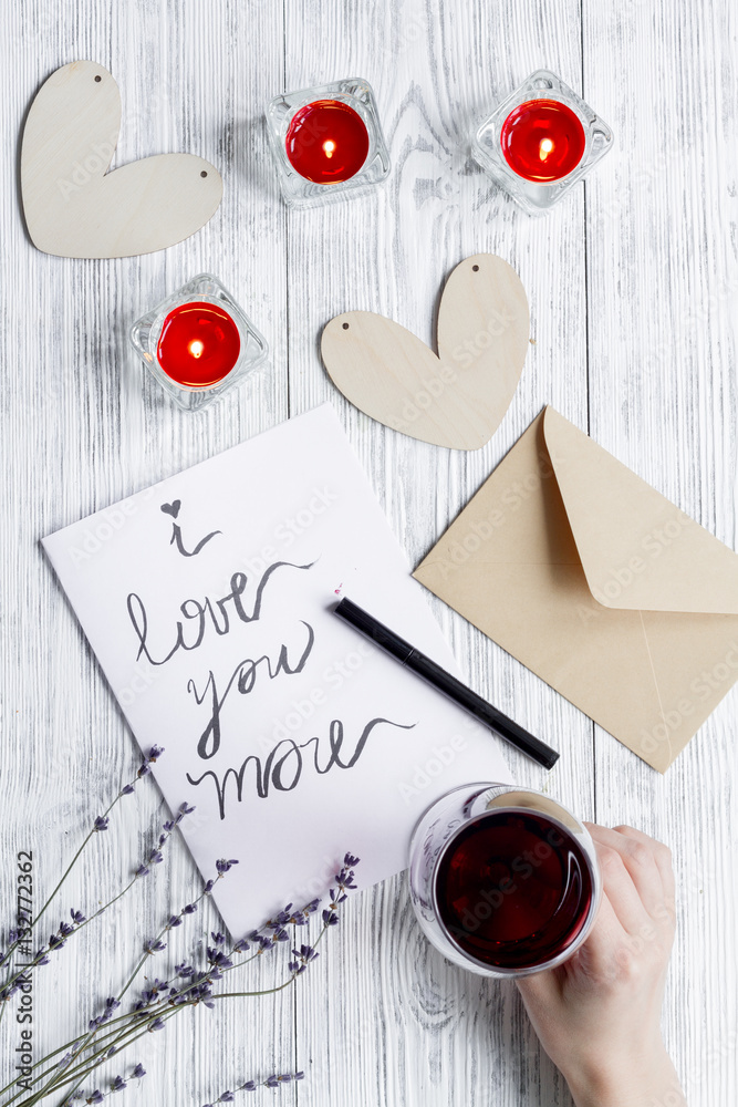 concept Valentines Day love letter wooden background top view