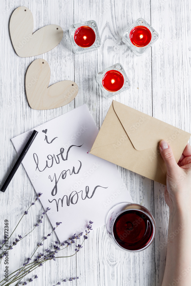 concept Valentines Day love letter wooden background top view