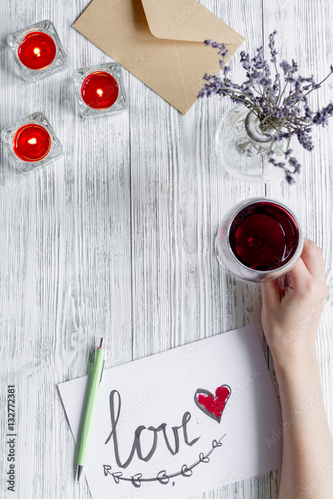 concept Valentines Day love letter wooden background top view