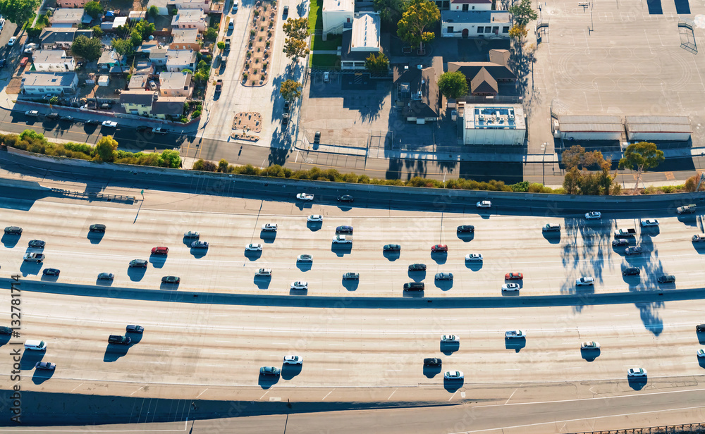 Aerial view of a freeway intersection in Los Angeles