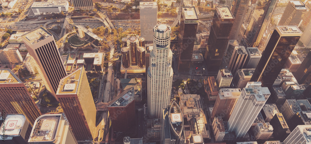 Aerial view of a Downtown LA at sunset