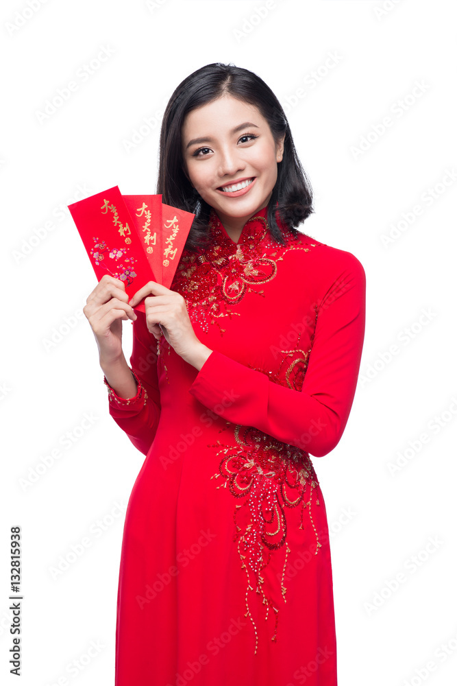 Portrait of a beautiful Asian woman on traditional festival costume.