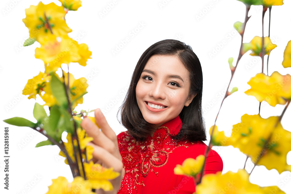 Portrait of a beautiful Asian woman on traditional festival costume.