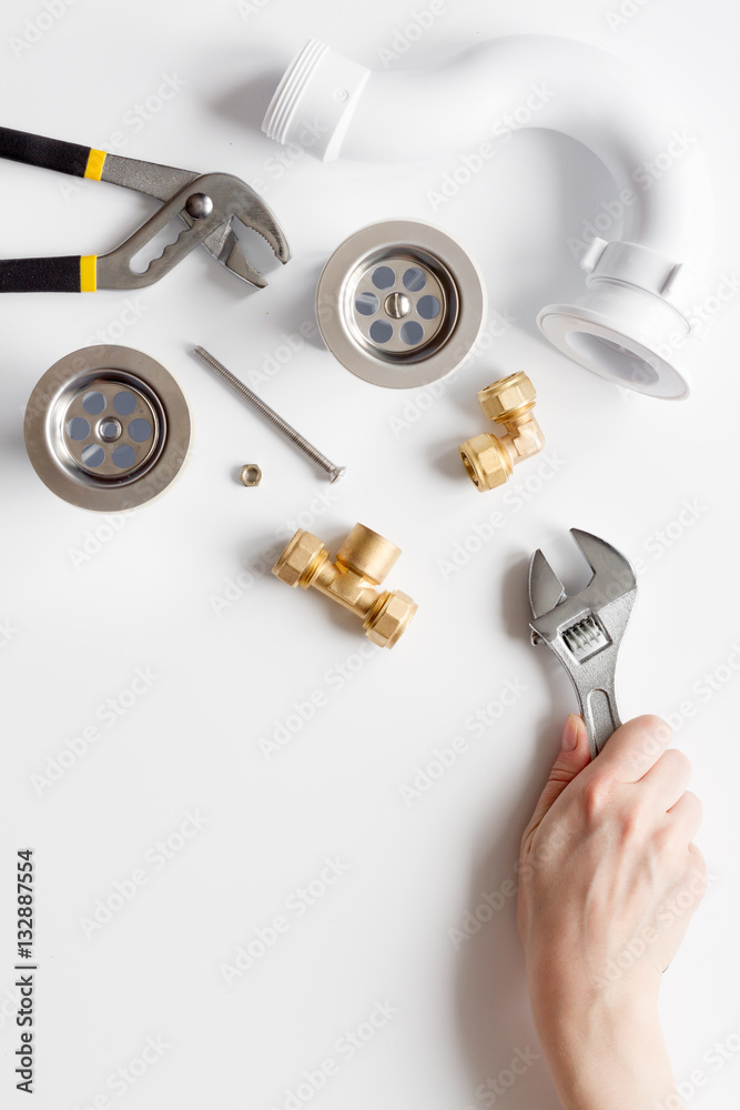 concept plumbing work top view on white background