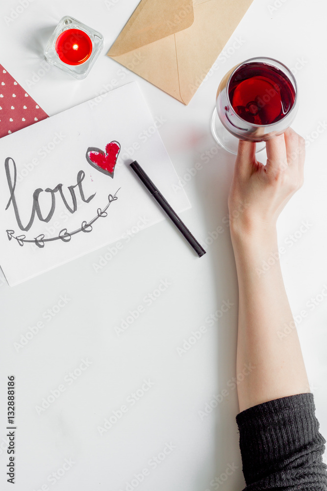 concept of Valentine Day love letter white background top view