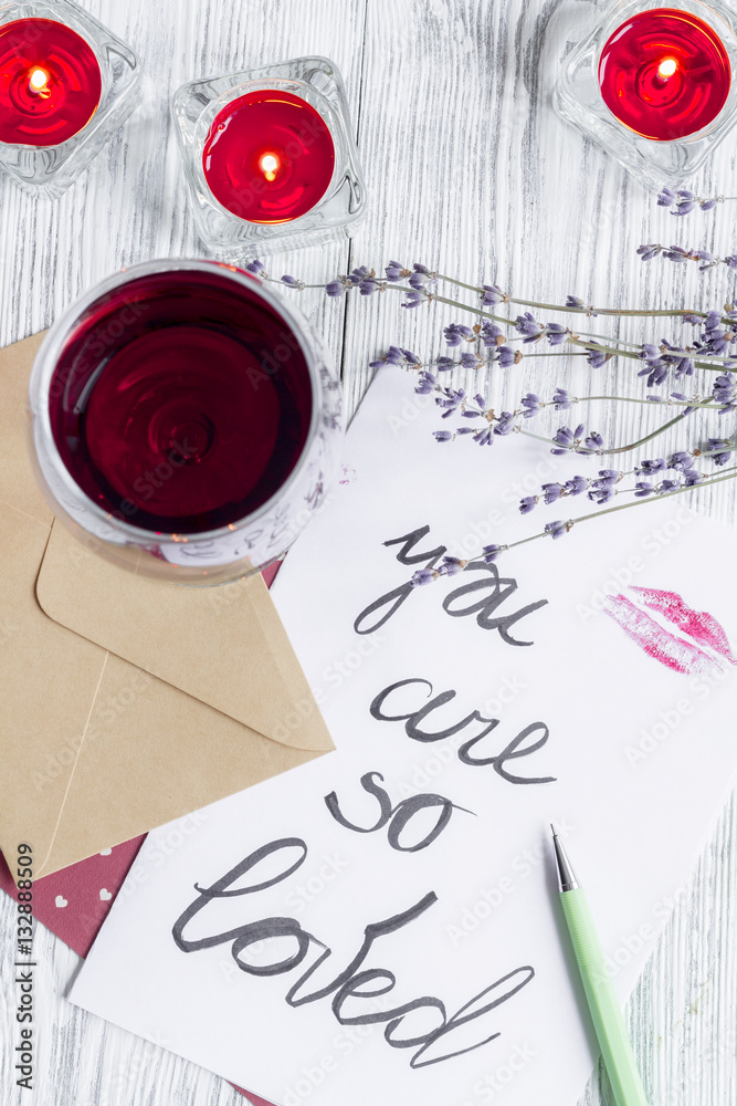 concept Valentines Day love letter wooden background top view