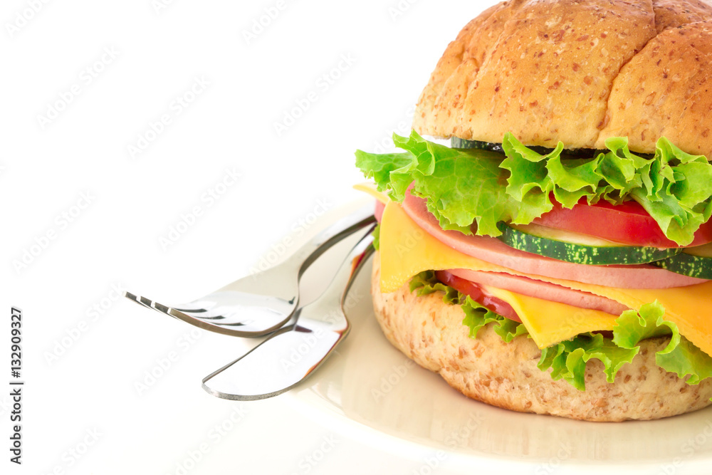 burger sandwiches bread with bacon , ham and cheese with vegetable , healthy breakfast on white back