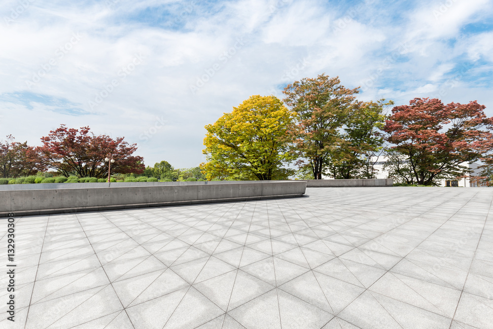 empty brick floor near park in cloud sky