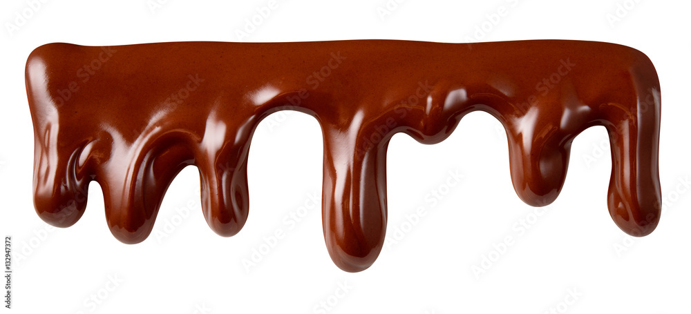 Melted chocolate syrup is dripping. Streams with drops isolated