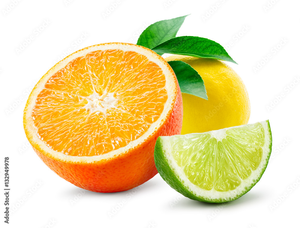 Citrus composition. Fruit with leaves isolated on white backgrou