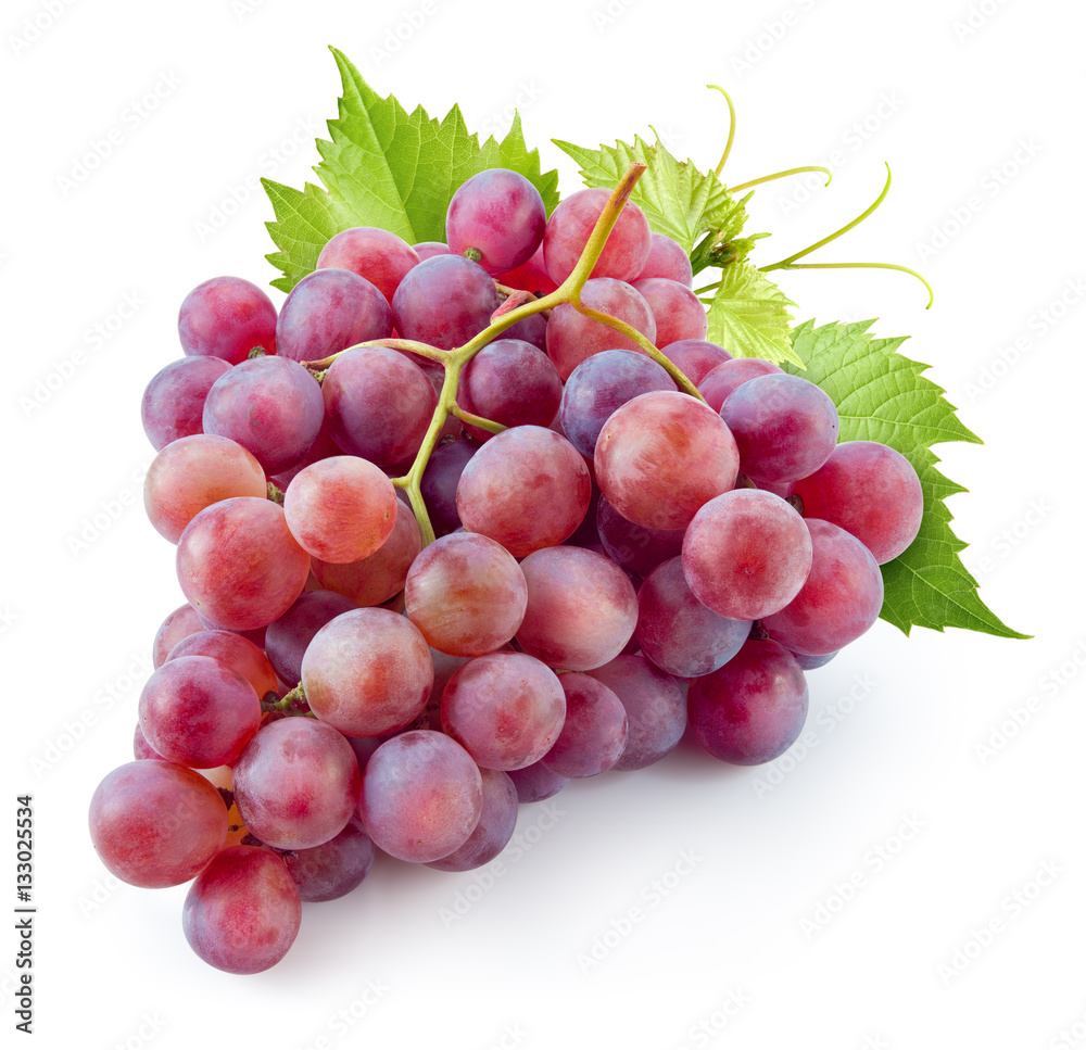 Ripe red grape. Pink bunch with leaves isolated on white. With c