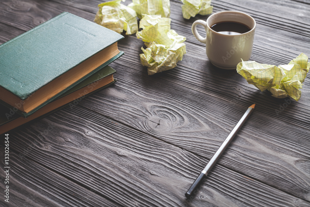 concept of writer desktop wooden background top view mock up