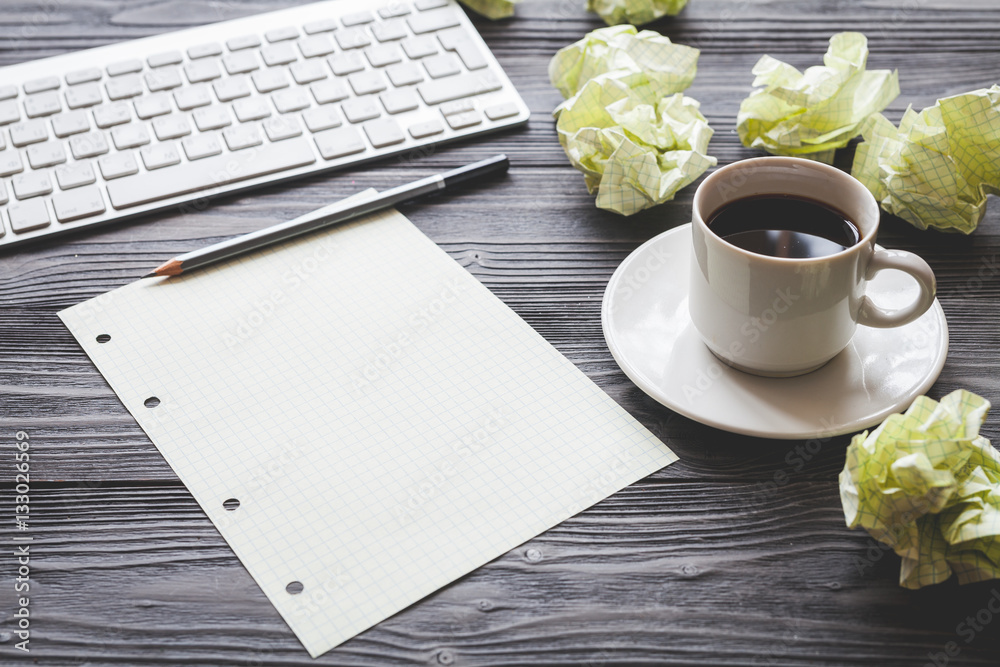 concept of writer desktop wooden background top view mock up