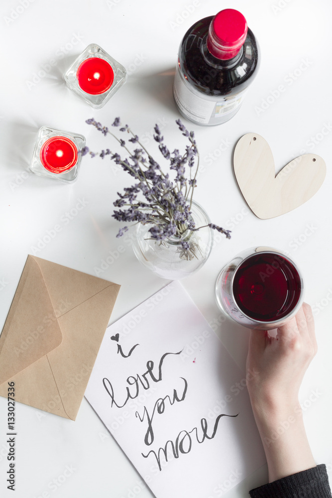 concept of Valentine Day love letter white background top view