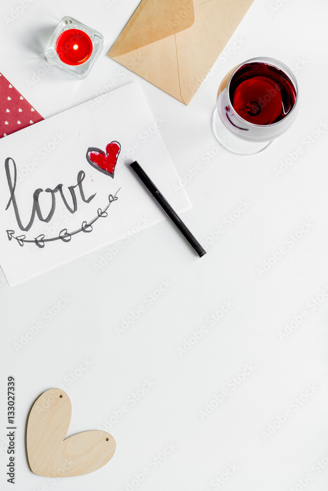 concept of Valentine Day love letter white background top view