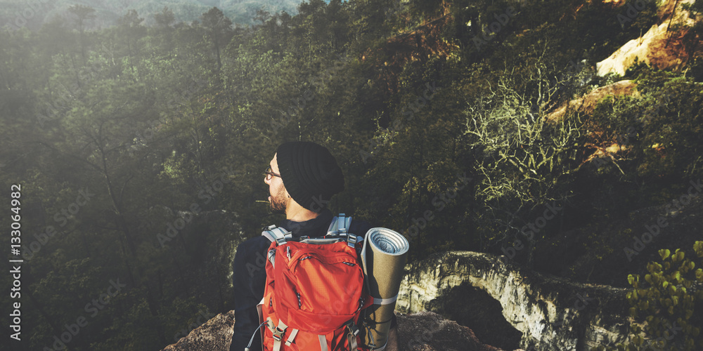 Man Hiking Success Cliff Adventure Concept