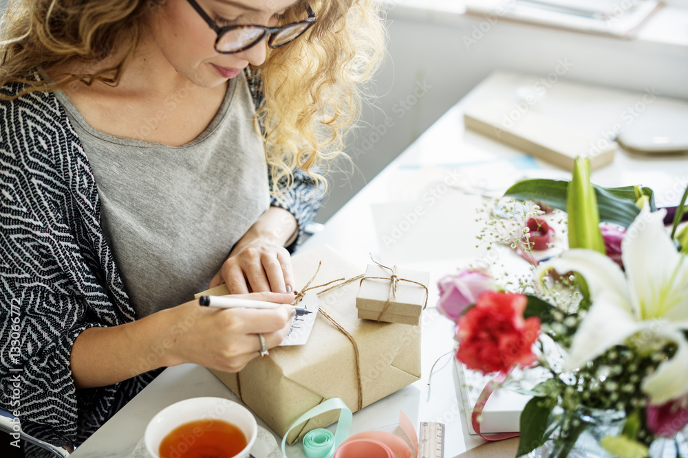 Woman Writing Card Gift Present Concept