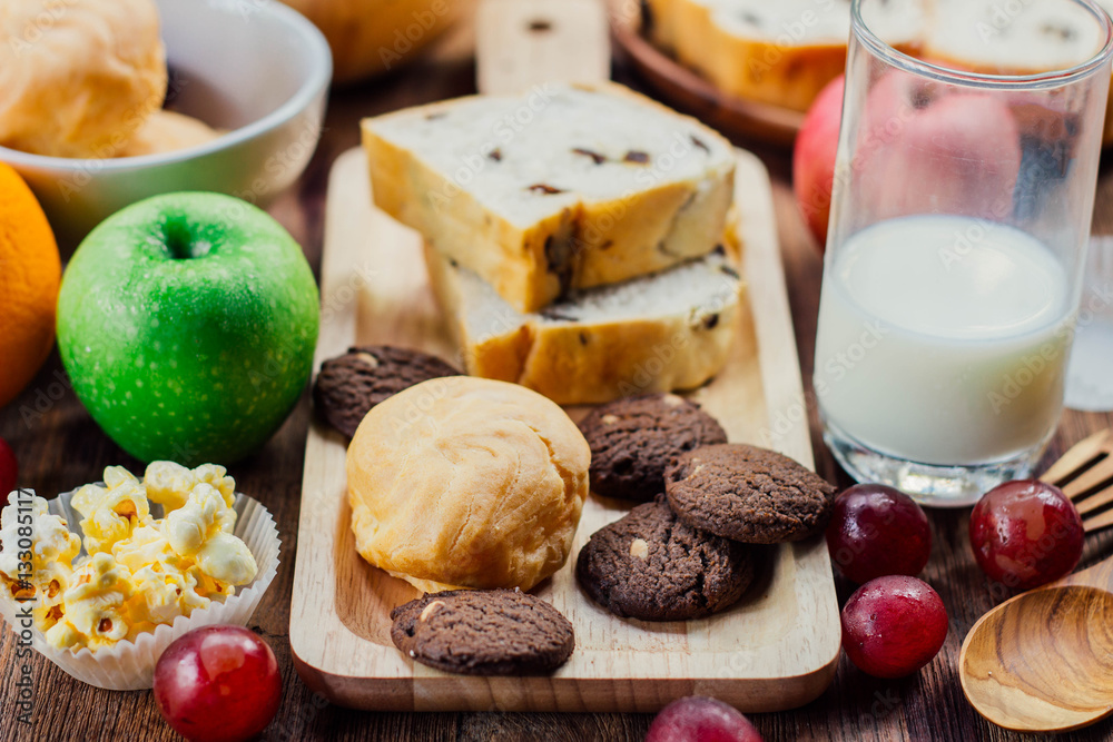 breakfast with cookie, bread , fresh fruits for healthy eating a