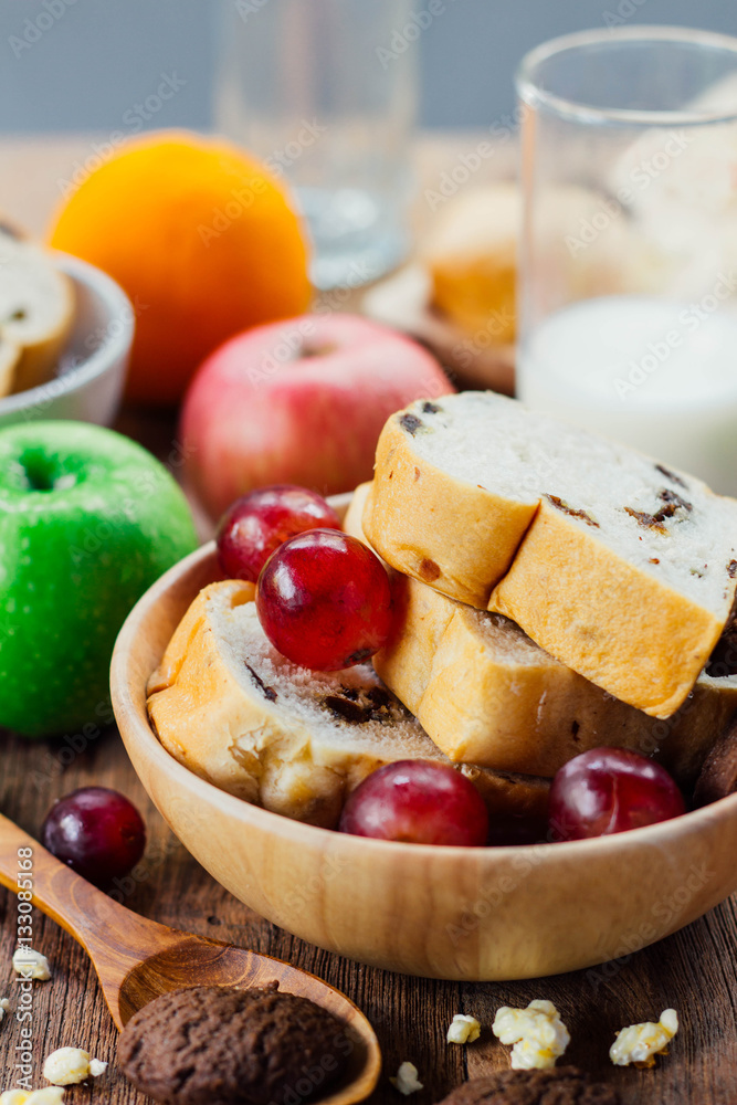 breakfast with cookie, bread , fresh fruits for healthy eating a