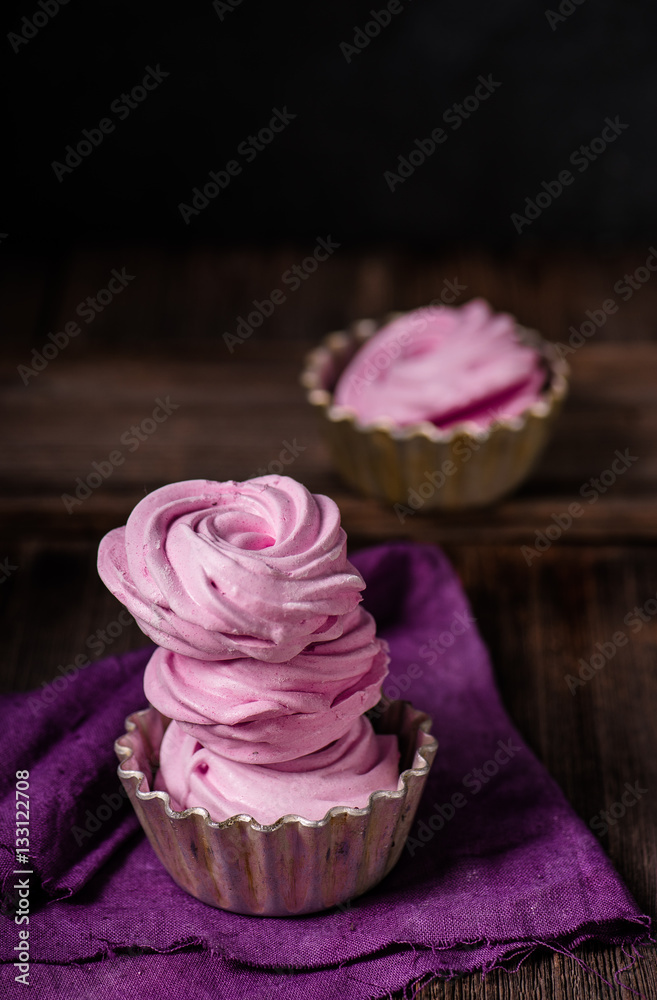 Russian marshmallows, zephyr on wooden table. Still life.