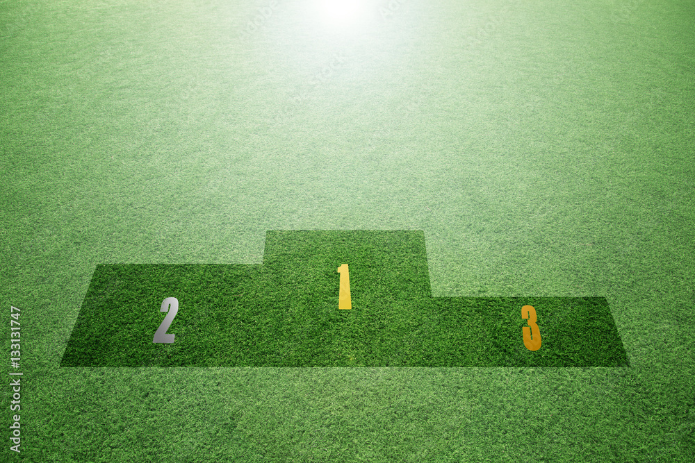 Illustrated winners podium on sunny bright green soccer grass texture background.