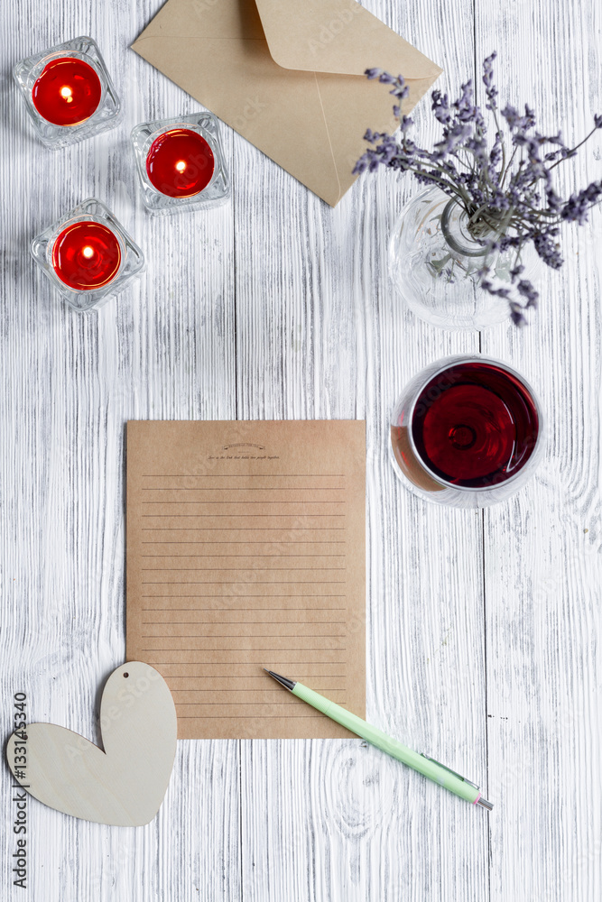 concept Valentines Day love letter wooden background top view