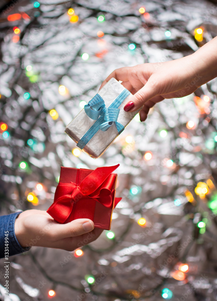 Couple exchanging Valentines presents