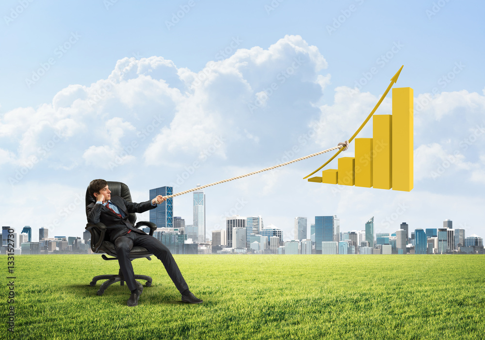 Businessman pulling graph with rope as concept of power and control