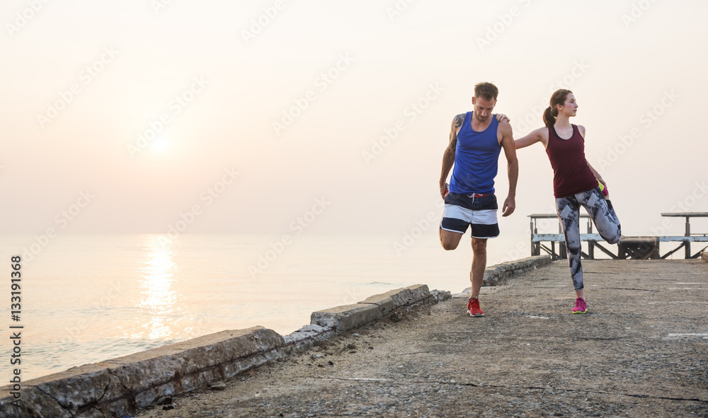 Stretching Exercise Training Healthy Lifestyle Beach Concept