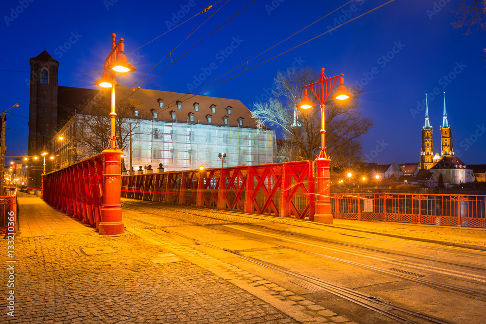 Architecture of the old town in Wroclaw at dusk, Poland.